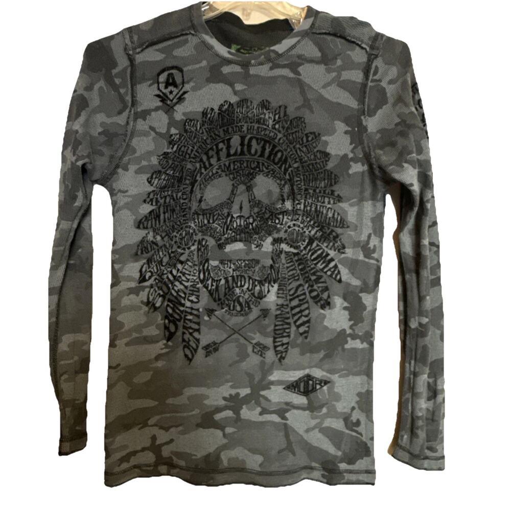 Affliction Camo Reversible Thermal LS Shirt Sz. Large Skull American Flag Y2K
